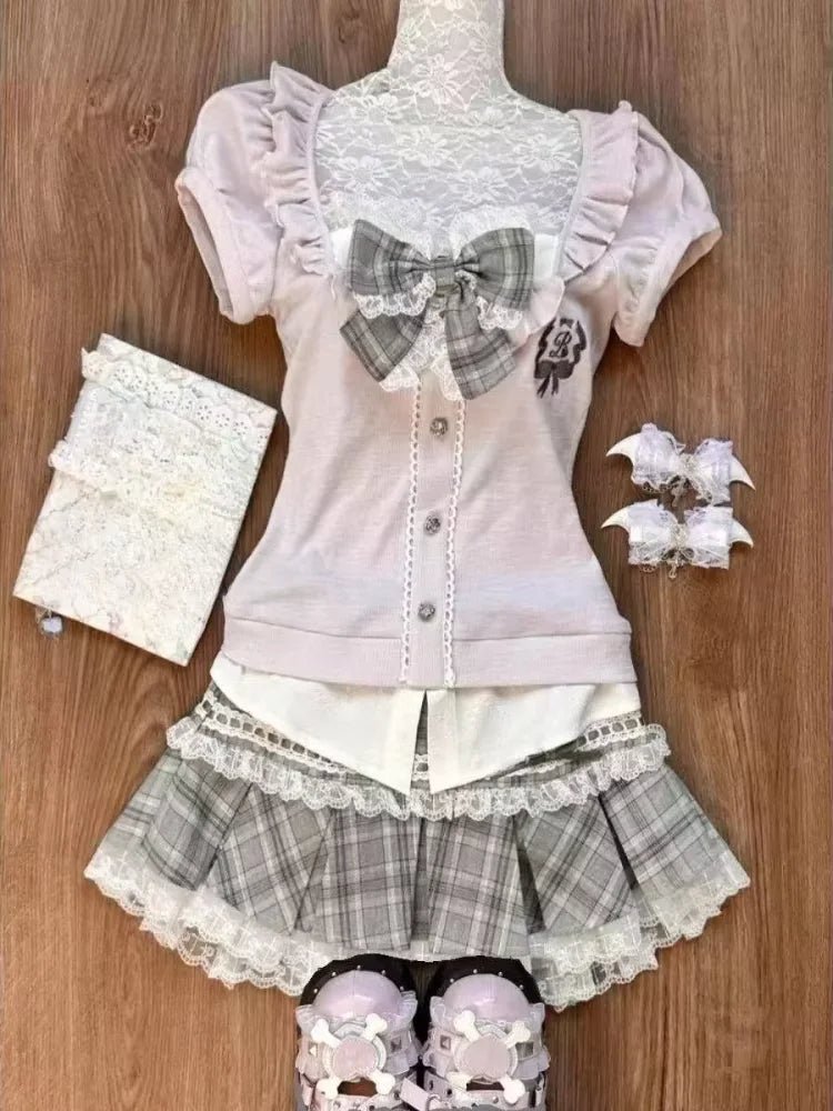 Acubi Dark Doll Bow-Knit Outfit Set 1586 short sleeve Shoptery