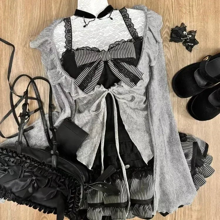 Acubi Dark Doll Bow-Knit Outfit Set 3 Piece Set Shoptery