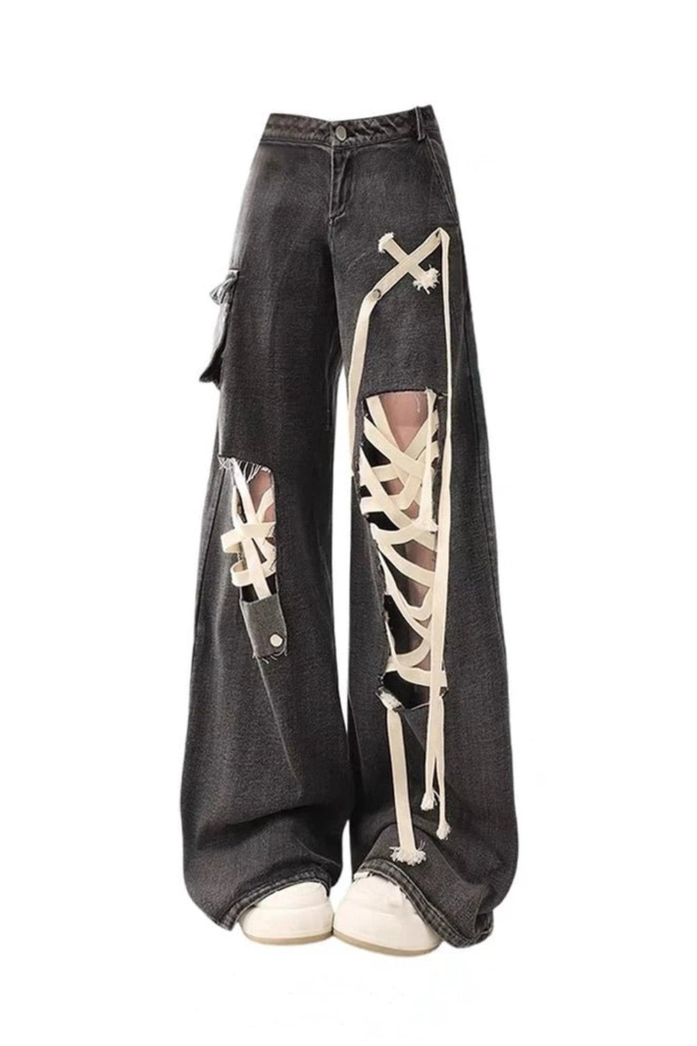 Alt Cute Dark Lace-Up Skeleton Pants Black Shoptery