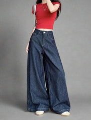 Dark Wash Wide-Leg Y2k Denim Jeans Blue Shoptery