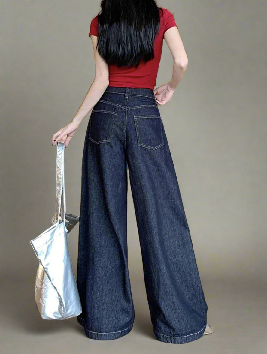 Dark Wash Wide-Leg Y2k Denim Jeans Shoptery