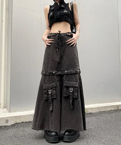 Denim Cargo Midi Skirt -