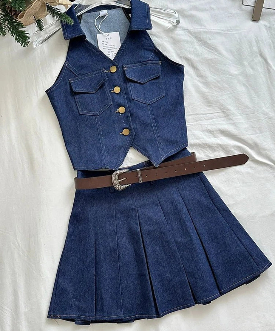 Denim Diva Pleated Skirt Set - Outfit Sets