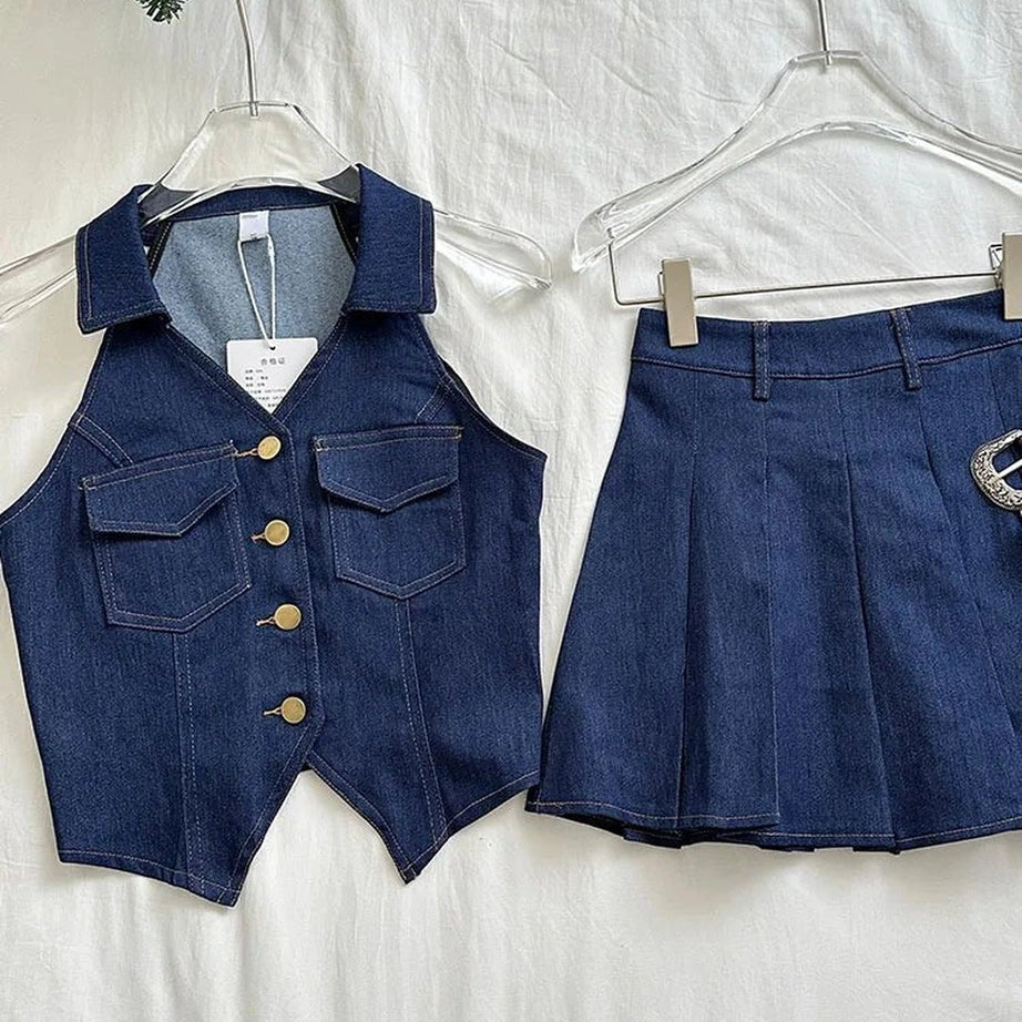 Aesthetic Denim Diva Pleated Skirt Outfit Set Shoptery