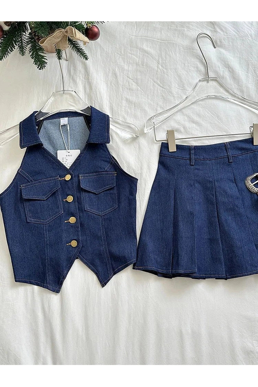 Aesthetic Denim Diva Pleated Skirt Outfit Set Shoptery