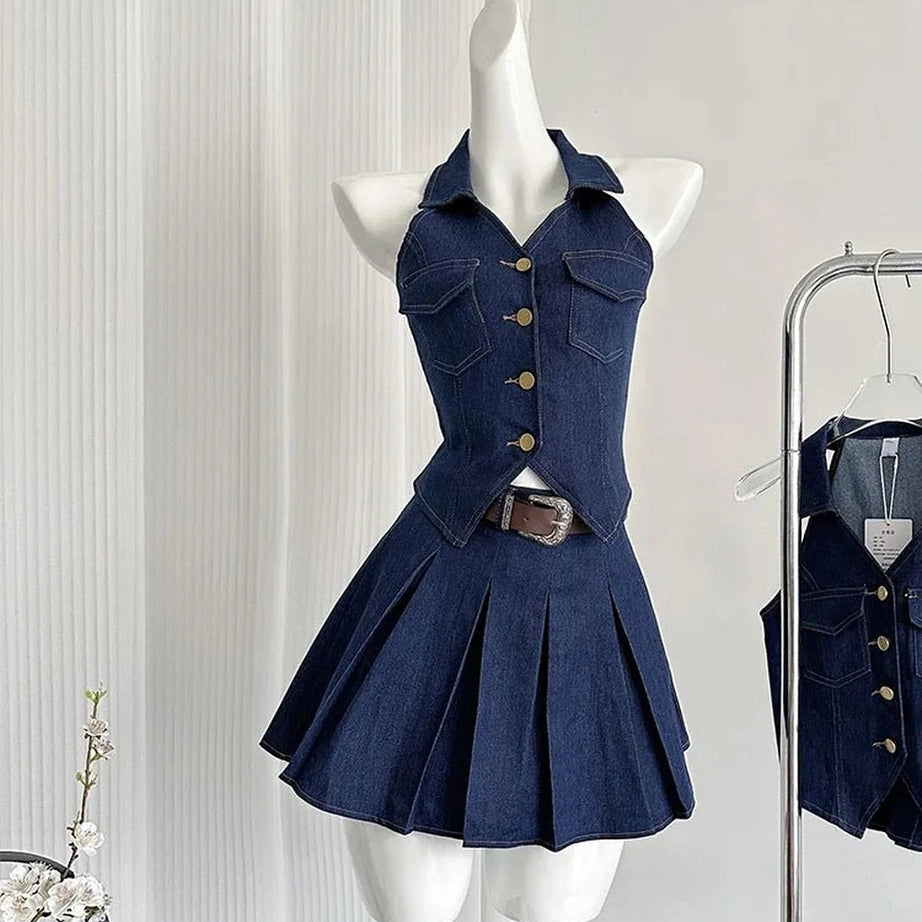 Aesthetic Denim Diva Pleated Skirt Outfit Set Shoptery