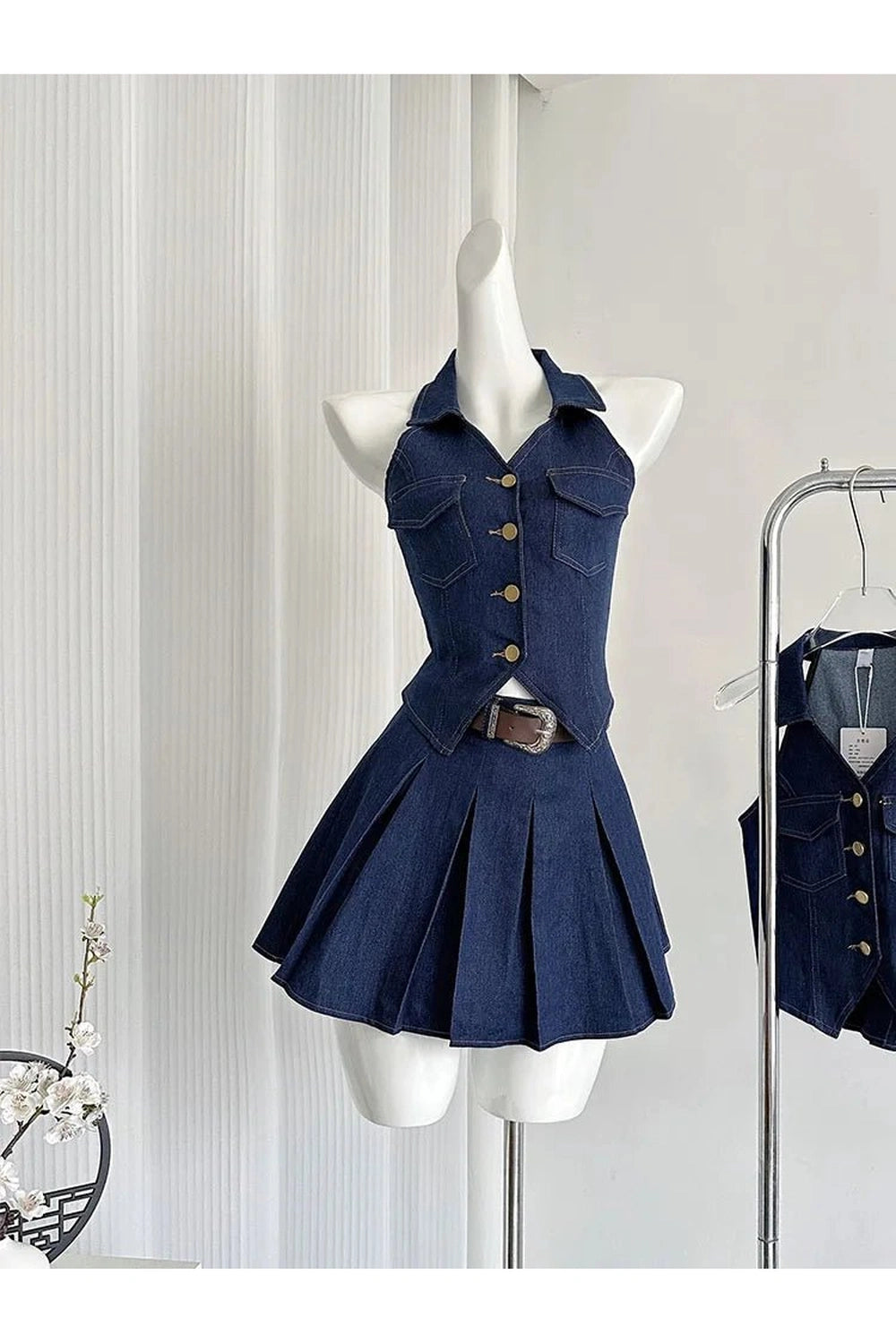Aesthetic Denim Diva Pleated Skirt Outfit Set Shoptery