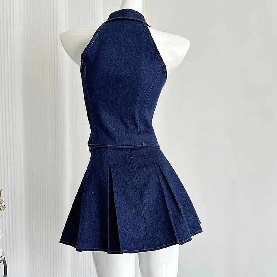 Aesthetic Denim Diva Pleated Skirt Outfit Set Shoptery