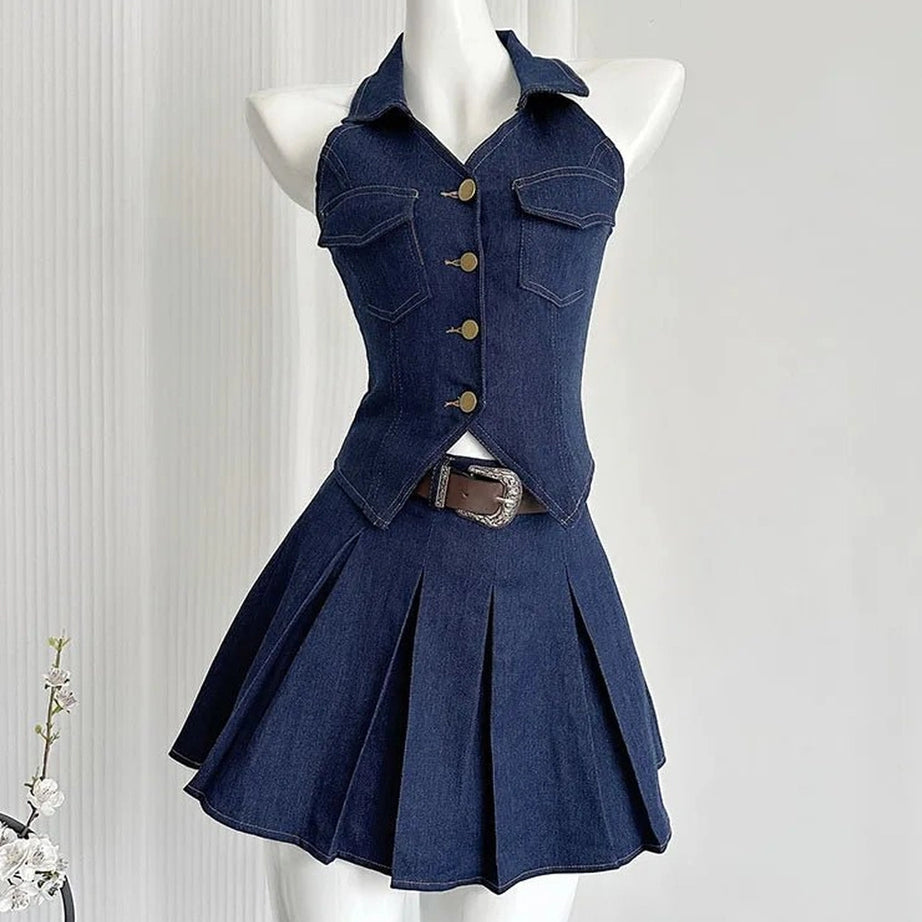 Aesthetic Denim Diva Pleated Skirt Outfit Set Blue Shoptery