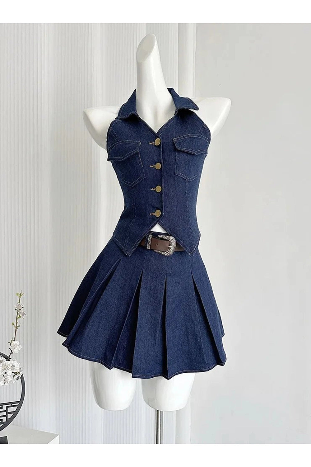 Aesthetic Denim Diva Pleated Skirt Outfit Set Blue Shoptery