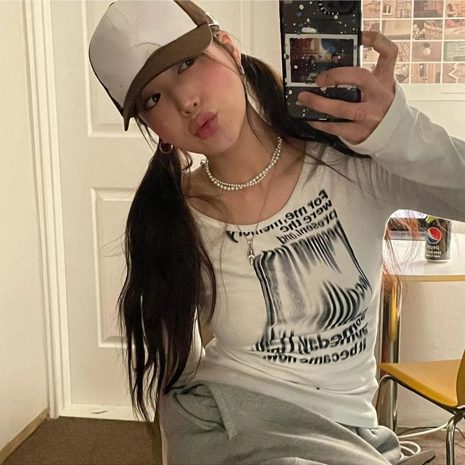 Alt Distorted Text Print Long Sleeve Top WHITE Shoptery