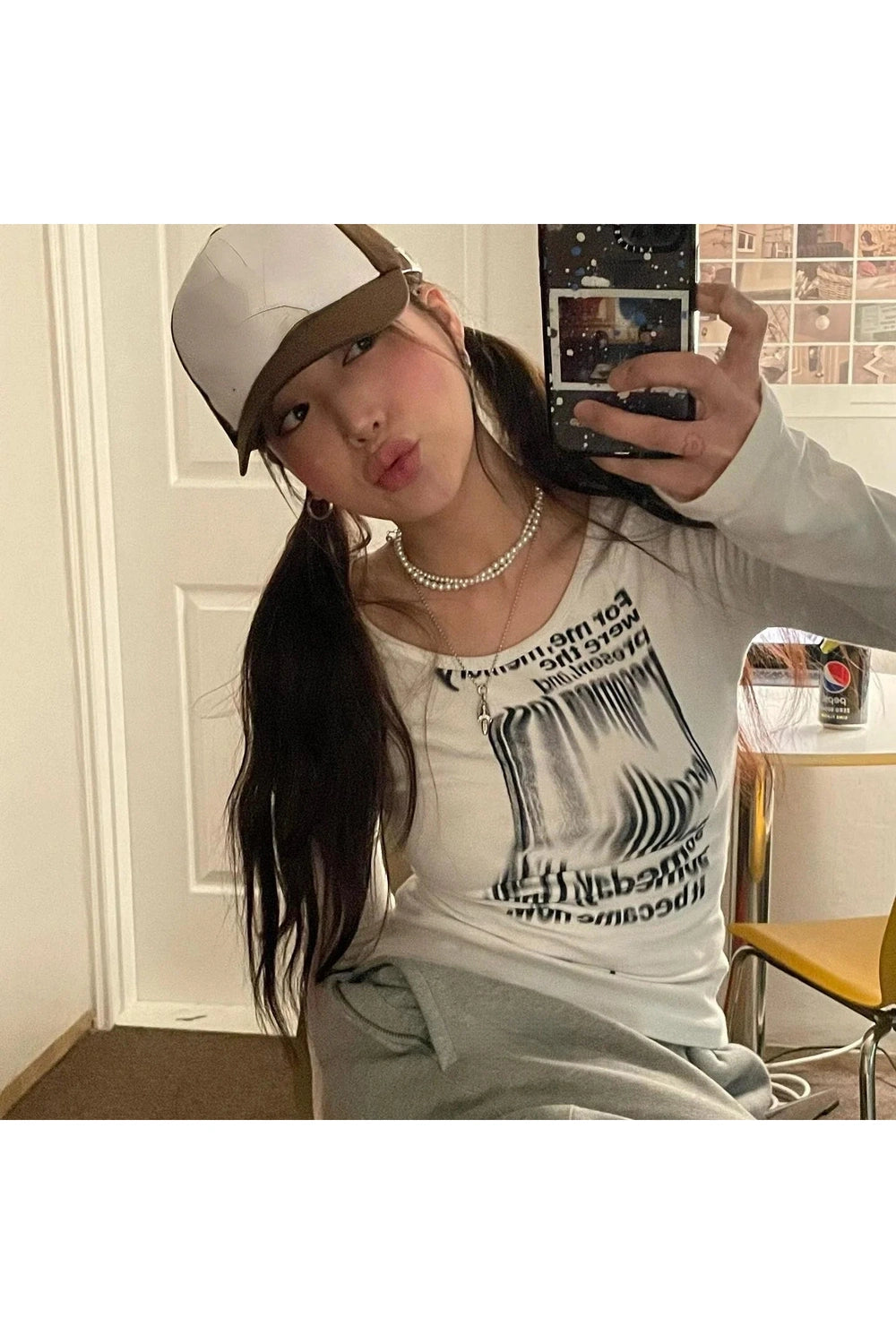 Alt Distorted Text Print Long Sleeve Top WHITE Shoptery