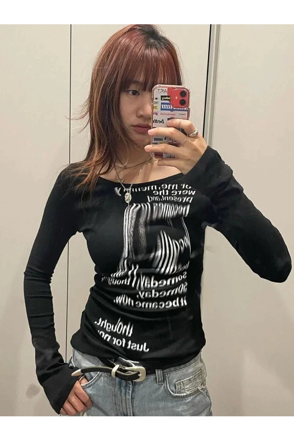 Alt Distorted Text Print Long Sleeve Top black Shoptery