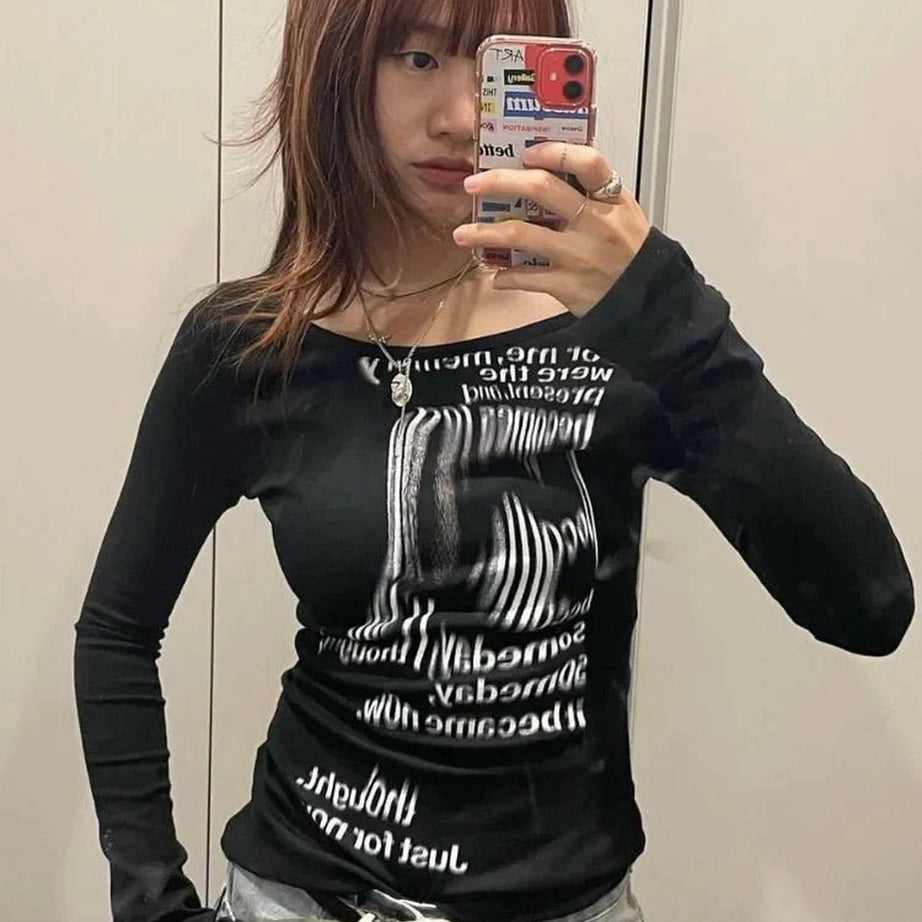Alt Distorted Text Print Long Sleeve Top black Shoptery