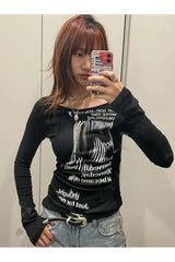Alt Distorted Text Print Long Sleeve Top black Shoptery