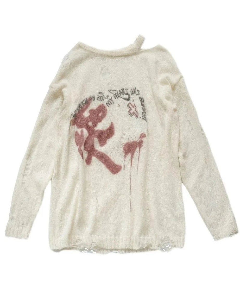 Distressed Graffiti Oversized Sweater - Sweaters