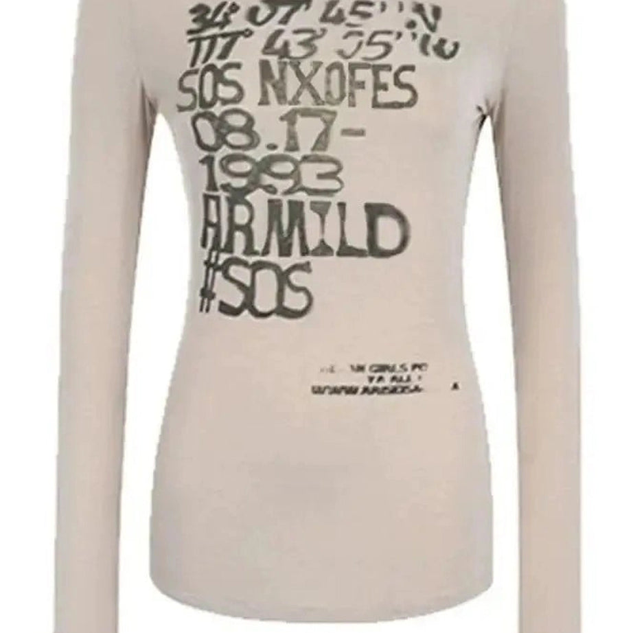 Alt Distressed Graphic Long Sleeve Top khaki Shoptery