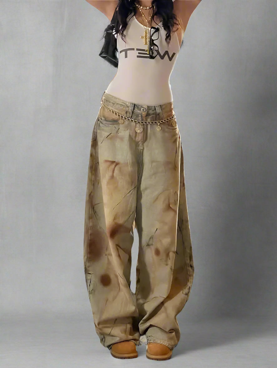 Distressed Edgy Wide-Leg Jeans Yellow Shoptery