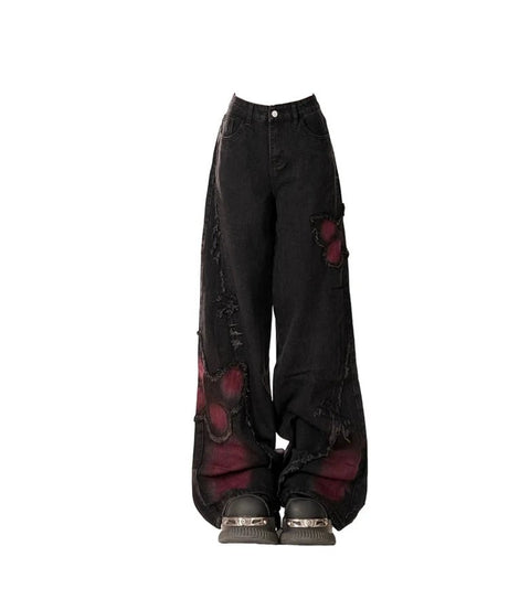 Distressed Red Butterfly Denim Pants - Pants