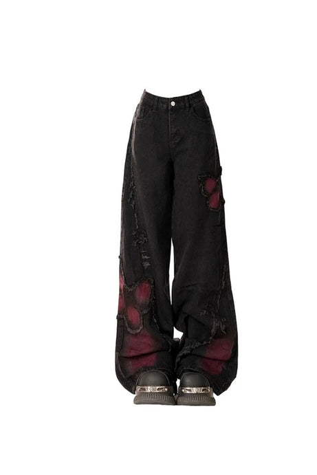 Distressed Red Butterfly Denim Pants - Pants