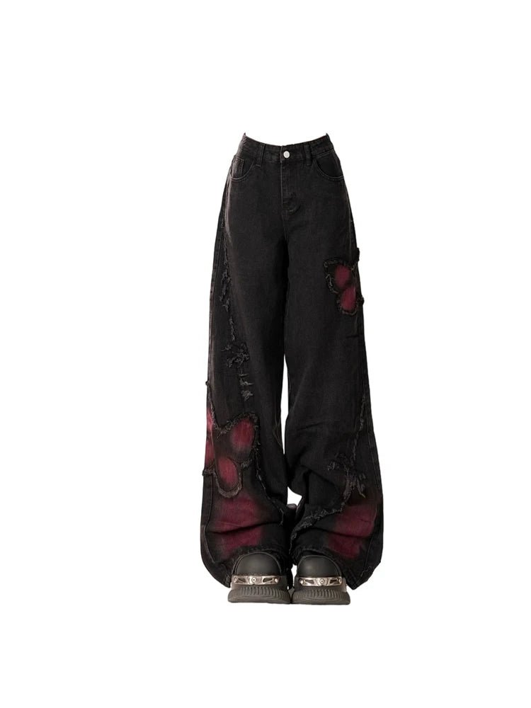 Distressed Red Butterfly Denim Pants - Pants