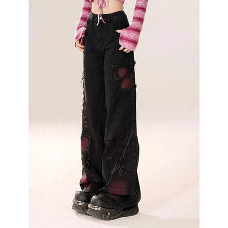 Distressed Red Butterfly Alt Denim Pants Shoptery