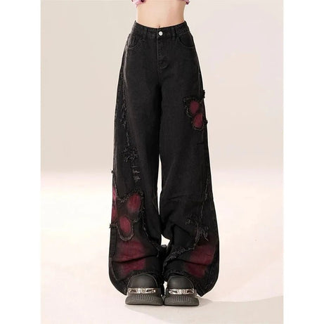 Distressed Red Butterfly Alt Denim Pants Shoptery