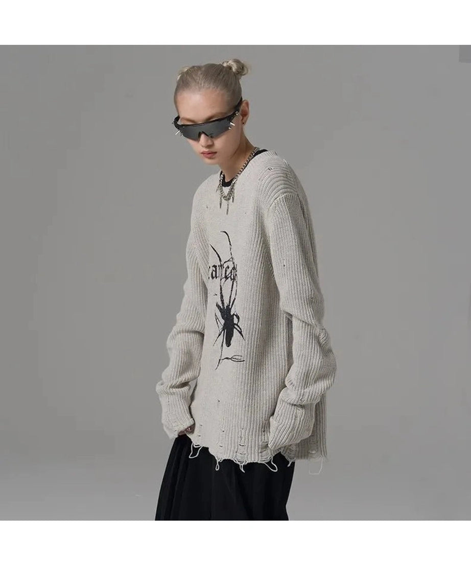 Distressed Spider Graphic Sweater - Sweaters