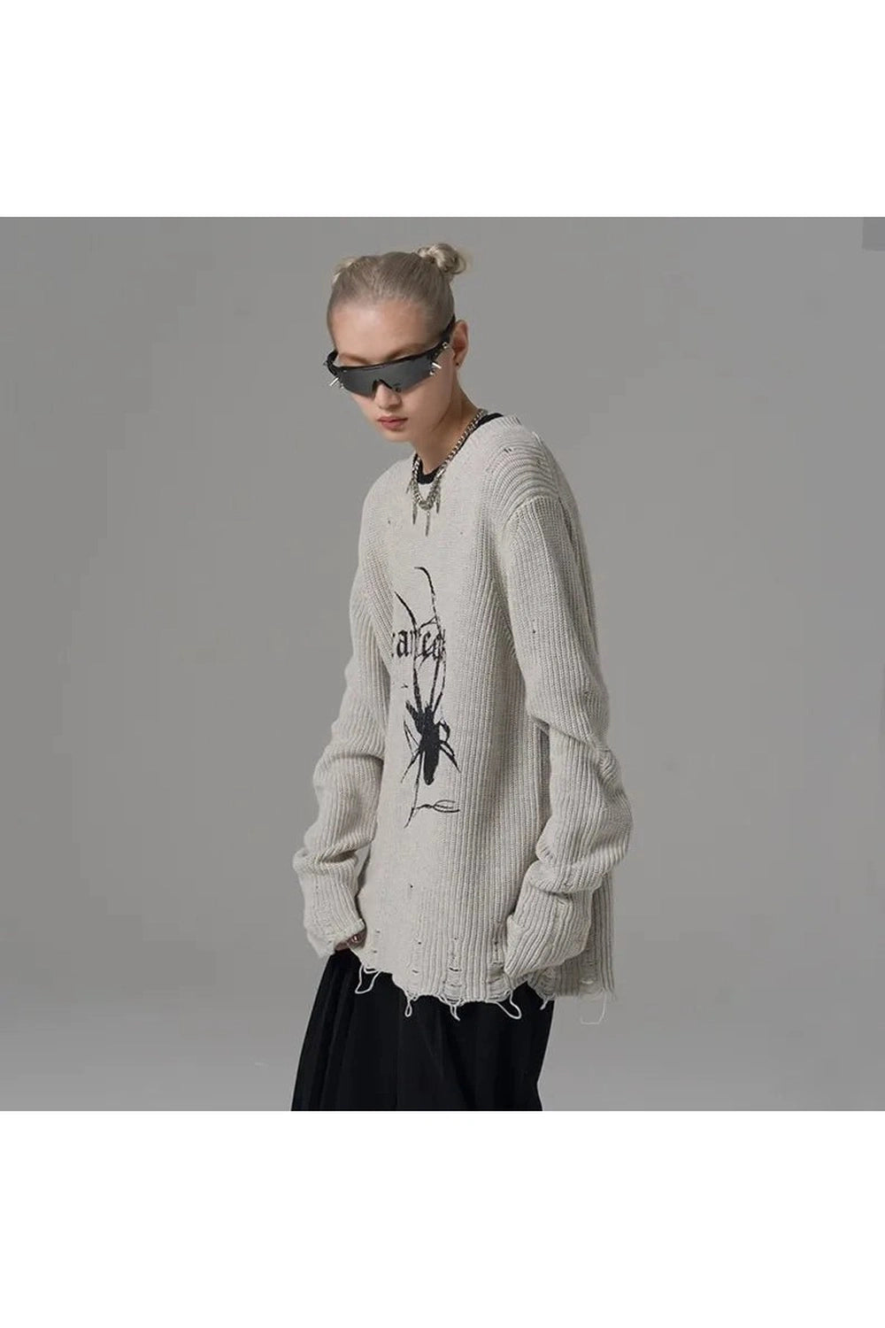 Distressed Spider Graphic Sweater - Sweaters