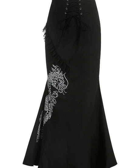 Dragon Embroidered Gothic Maxi Skirt - Skirts