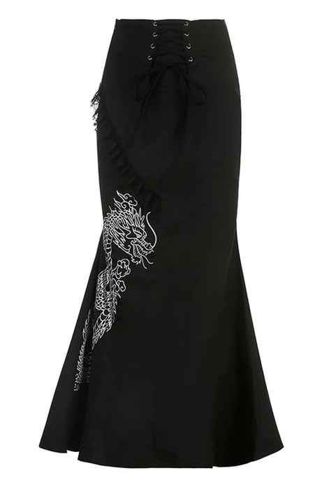 Dragon Embroidered Gothic Maxi Skirt - Skirts