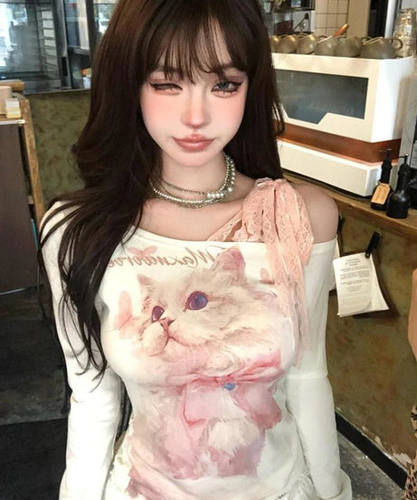 Dreamy Feline Graphic Top - Shirts & Tops