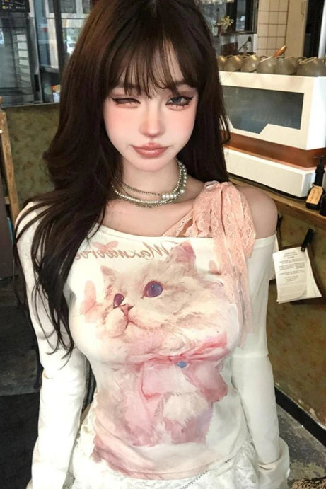 Dreamy Feline Graphic Top - Shirts & Tops