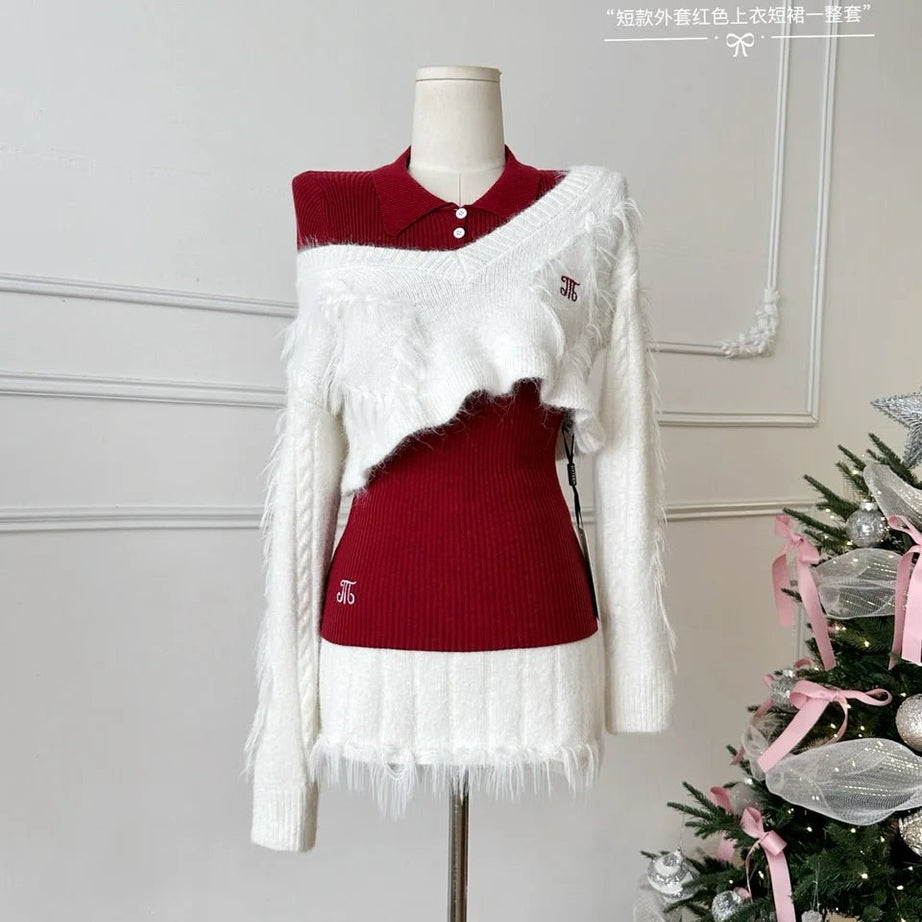 Edgy Fuzzy Sweater Long Sleeve Outfit Set White Sets One Size Shoptery