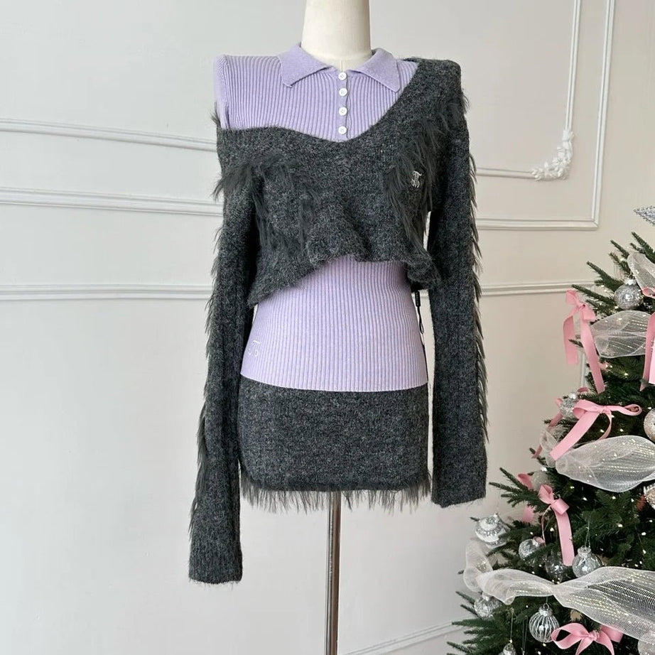 Edgy Fuzzy Sweater Long Sleeve Outfit Set Grey Sets One Size Shoptery