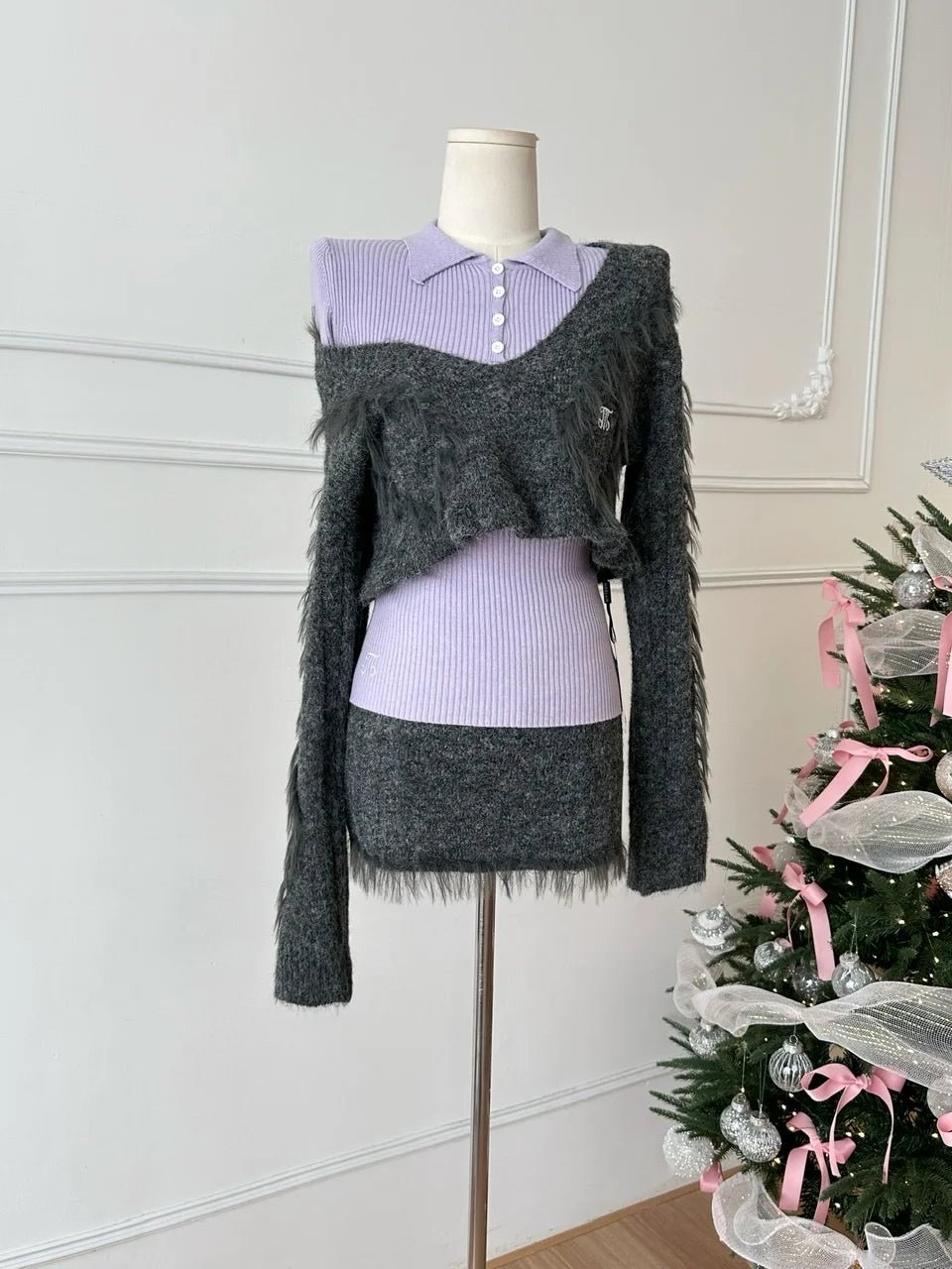 Edgy Fuzzy Sweater Long Sleeve Outfit Set Grey Sets One Size Shoptery