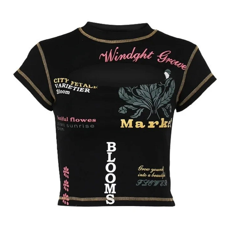 Edgy Text Print Keyhole Top Black Crop Top Women Shoptery