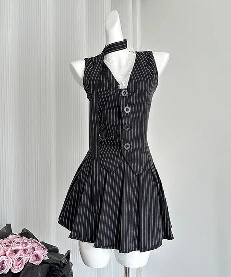 Elegant Pinstripe Lace - Up Skirt Set - Skirts