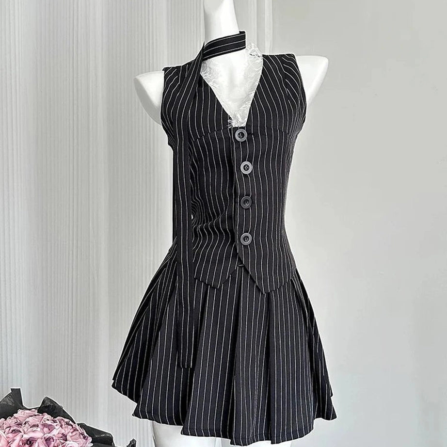 Aesthetic Elegant Pinstripe Lace-Up Skirt Outfit Set Black Shoptery
