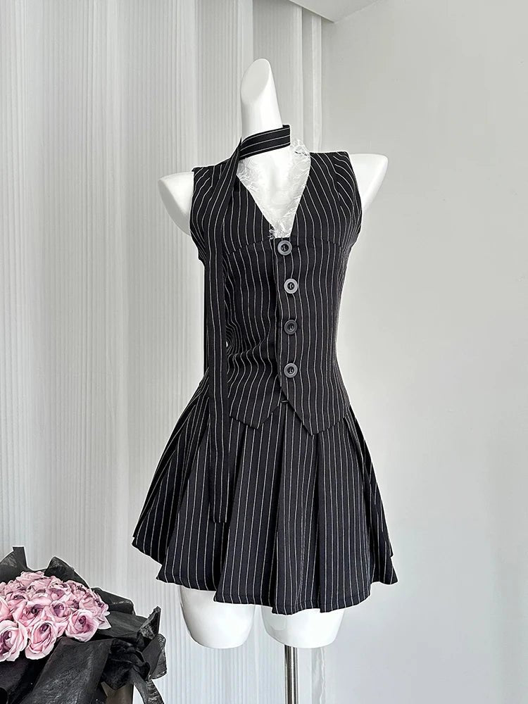 Elegant Pinstripe Lace - Up Skirt Set - Skirts