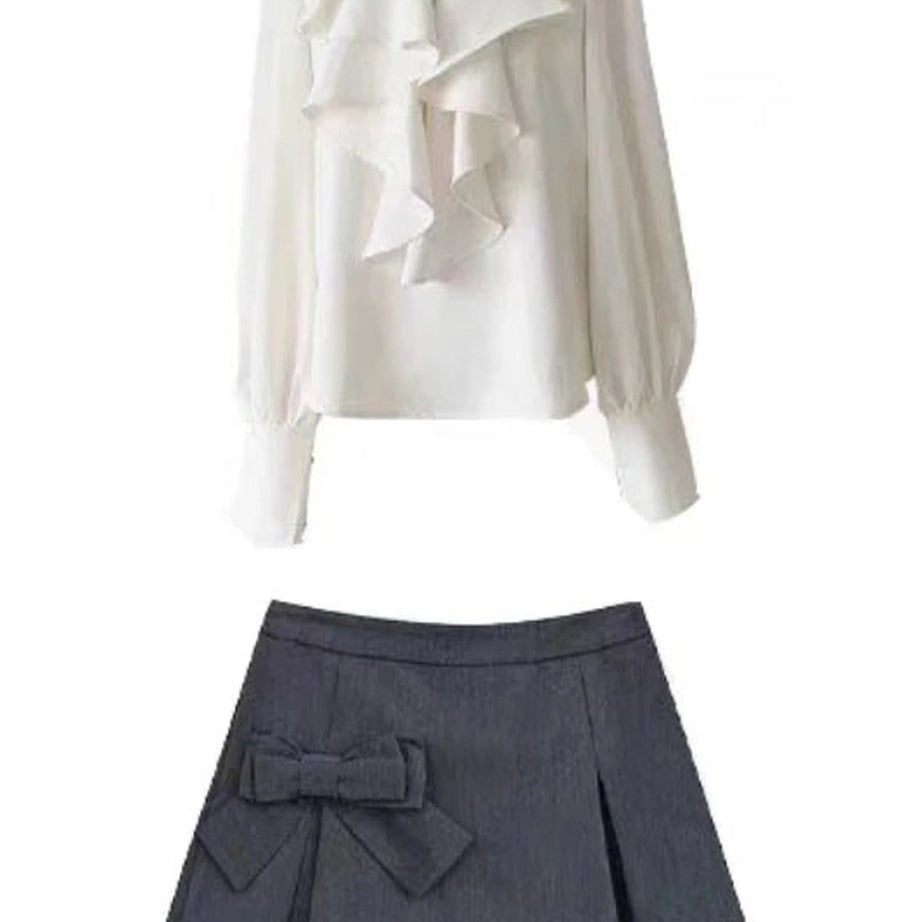 Acubi Elegant Ruffle Blouse and Bow Skirt Set set Shoptery
