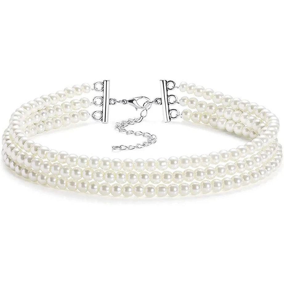 Aesthetic Elegant White Pearl Choker 3 Rows Shoptery