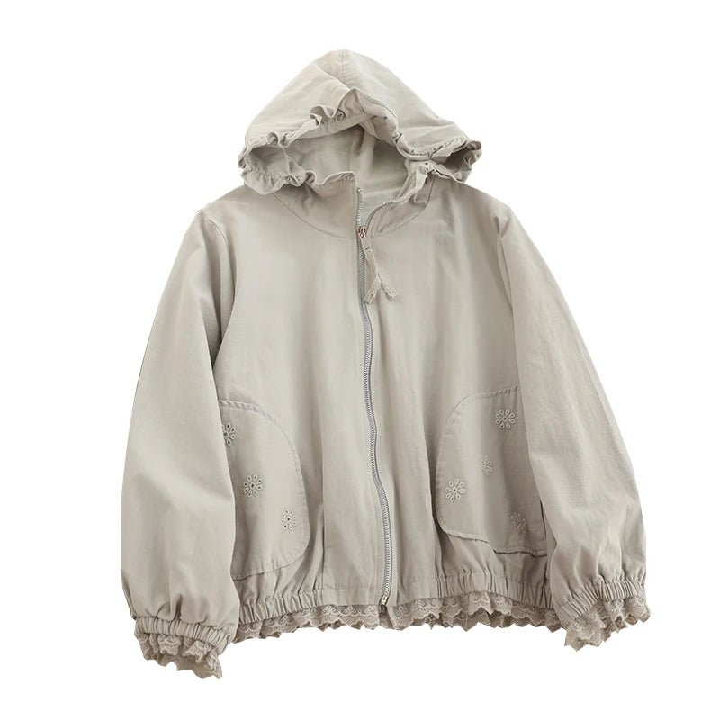 Embroidered Hooded Zip Up Coat -