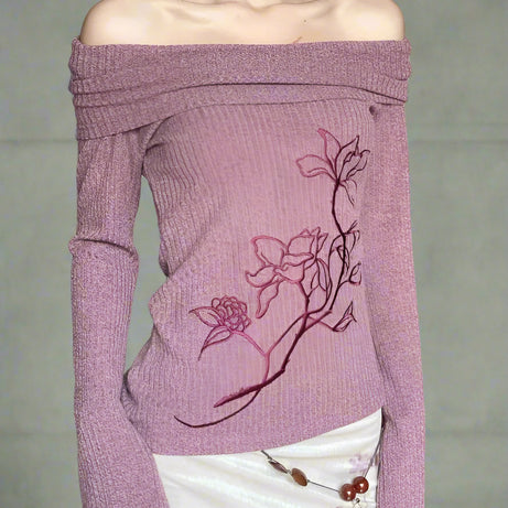 Coquette Embroidered Off-Shoulder Knit Top PURPLE Shoptery