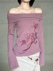 Coquette Embroidered Off-Shoulder Knit Top PURPLE Shoptery