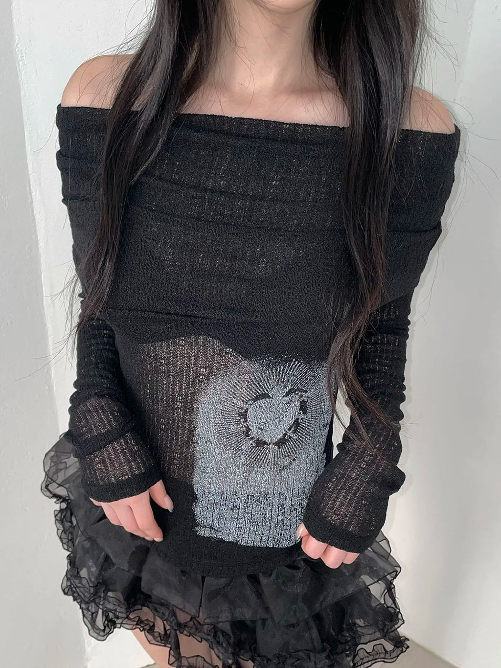 Off-Shoulder Alt Mesh Long Sleeve Top Shoptery