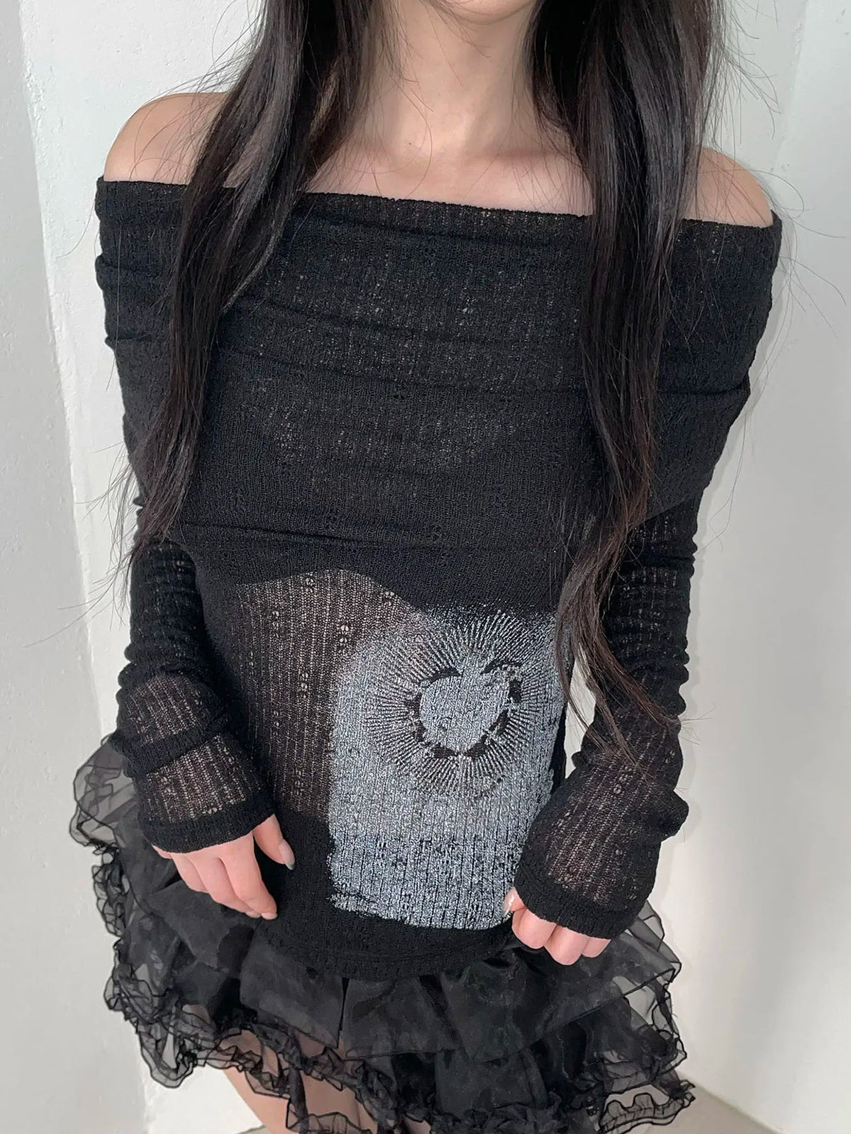 Off-Shoulder Alt Mesh Long Sleeve Top Shoptery