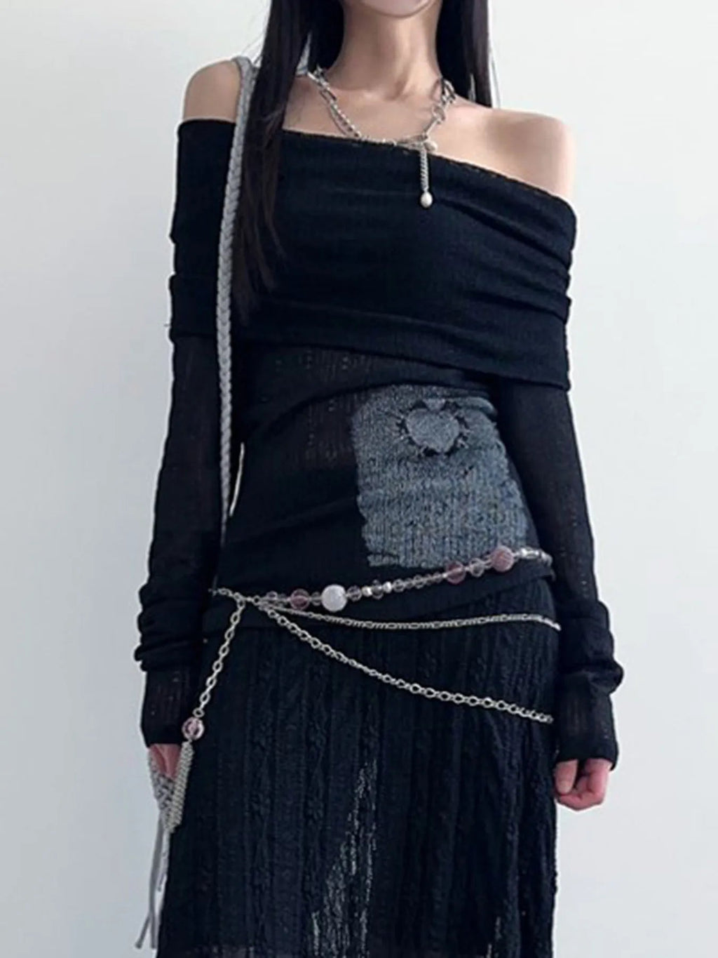 Off-Shoulder Alt Mesh Long Sleeve Top black Shoptery