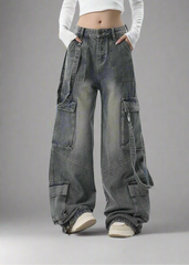 Y2k Extreme Wide-Leg Cargo Jeans Gray Shoptery