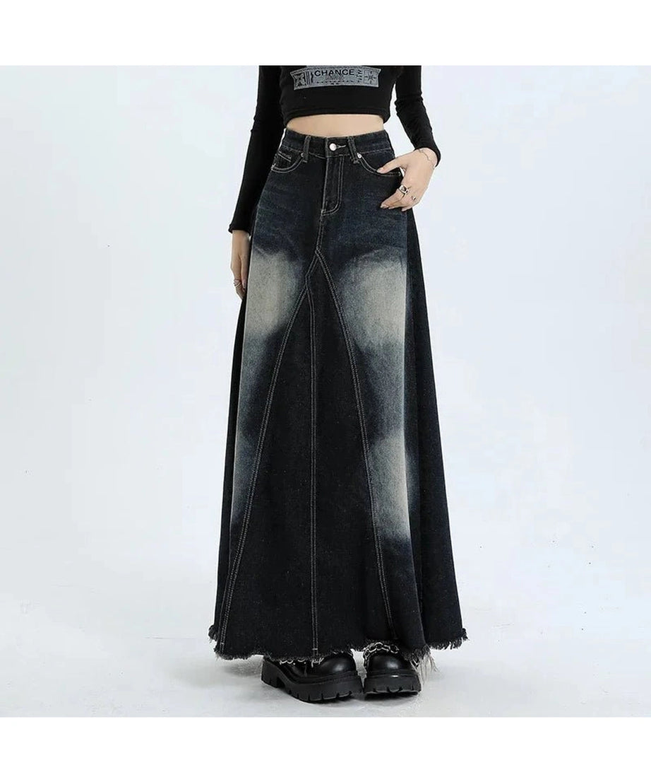 Faded Black Maxi Denim Skirt - Denim Skirt